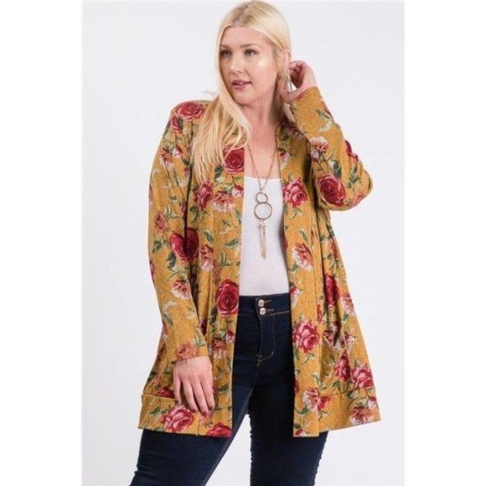 Mustard Yellow Flower Print Pocket Flower Print Hacci Cardigan - Picture 4 of 7